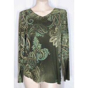 Chico's 1 M 8 10 Brown Retro Paisley Swirl Curved V Neck Stretch Jersey Top